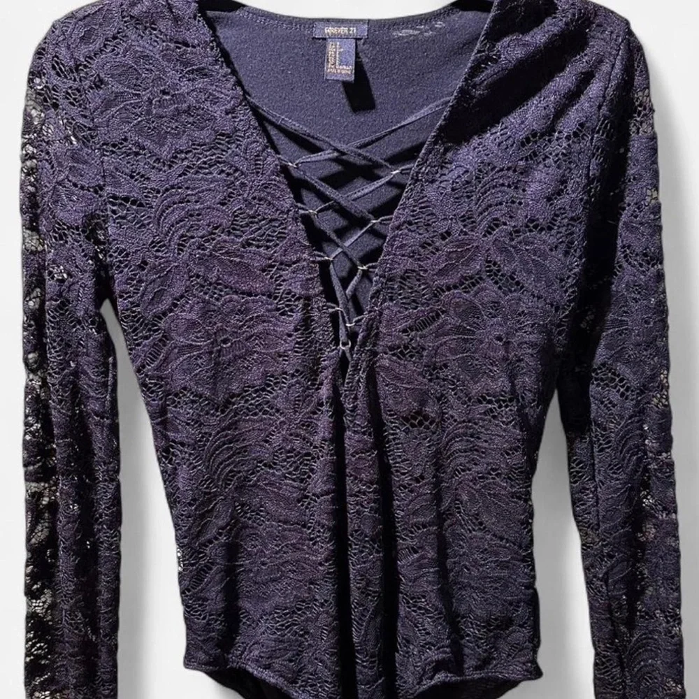 Forever 21 Black Lace Long Sleeve Bodysuit Size Small Gothcore Minimalist - Picture 10 of 10